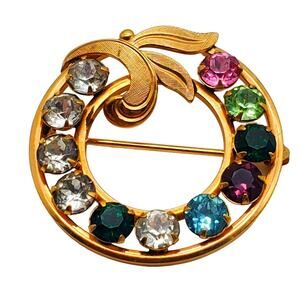 Van Dell Rhinestone Brooch Circle Round Multi Color Gold Filled 1/20 12K Pin